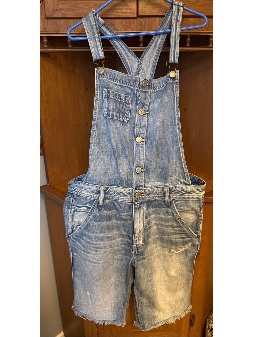 American Eagle Tomgirl Medium Wash DIY cut off Distressed Overalls 2014 L